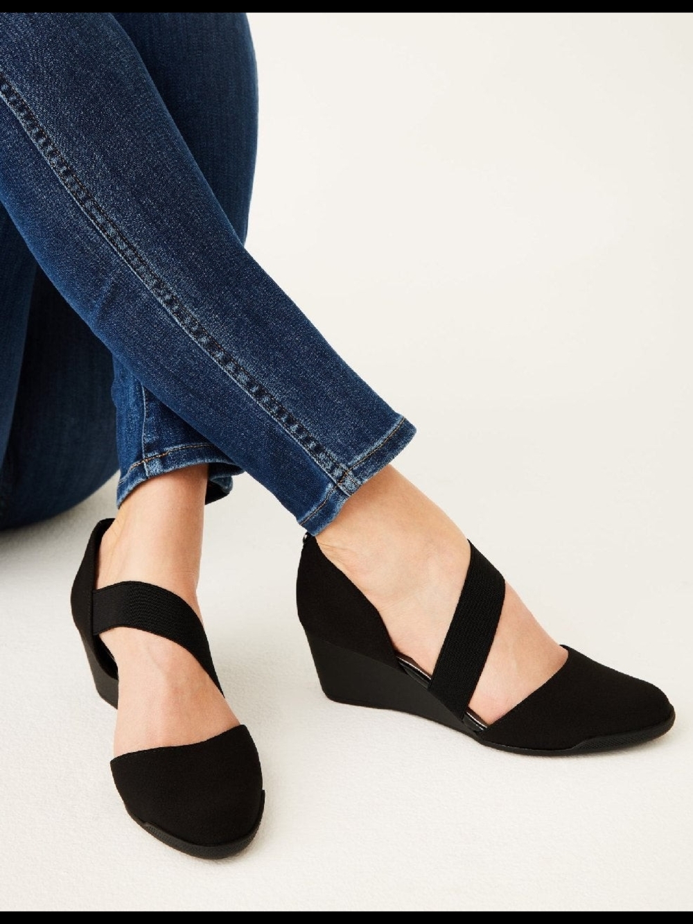 Anne Klein Black Elastic Cross-Strap Wedge Pumps